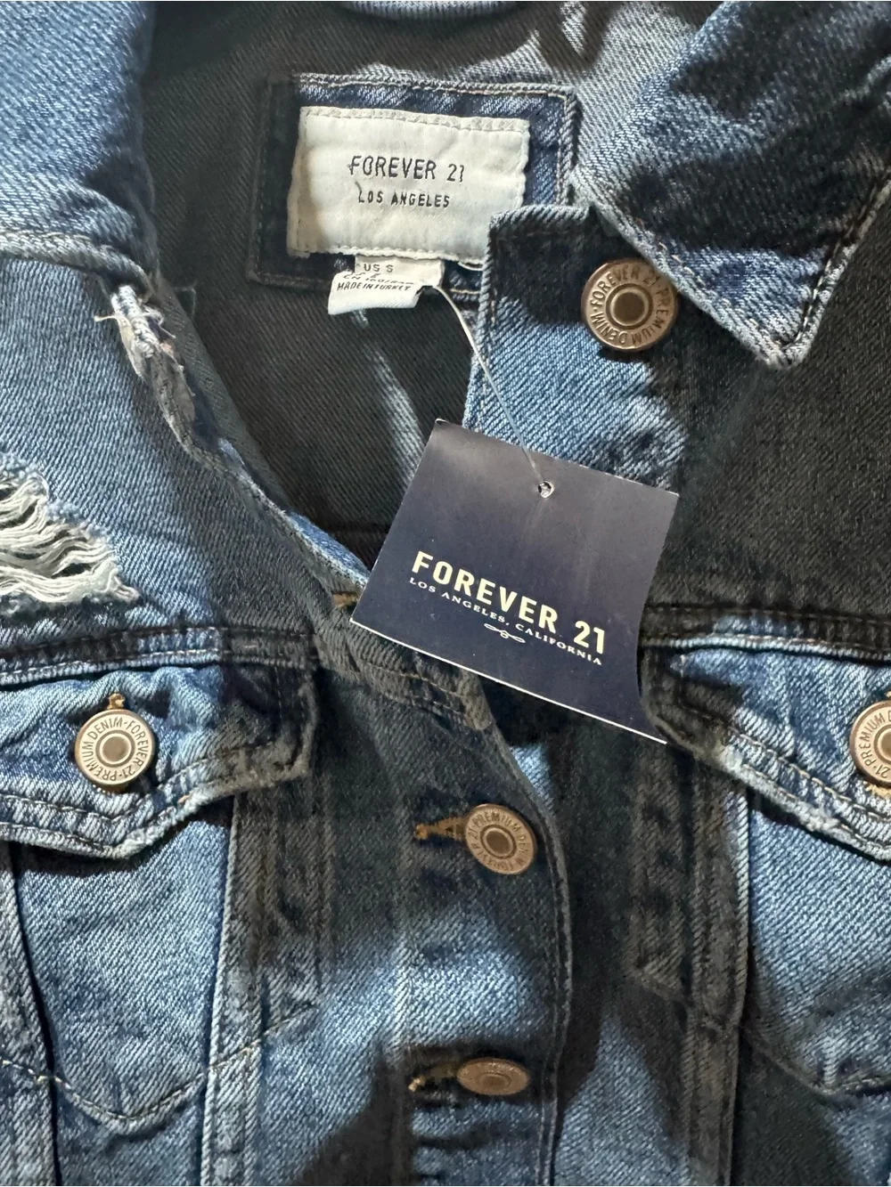 Forever 21 Cropped Distressed Blue Denim Jacket